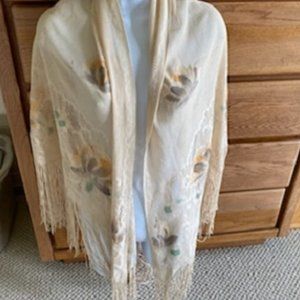 Vintage '60s HIPPY thin woven FLORAL SHAWL w/ LONG FRINGE * can be swim cover-up